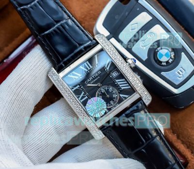 Swiss Replica Cartier Tanks SS Diamond Bezel Black Dial Watch